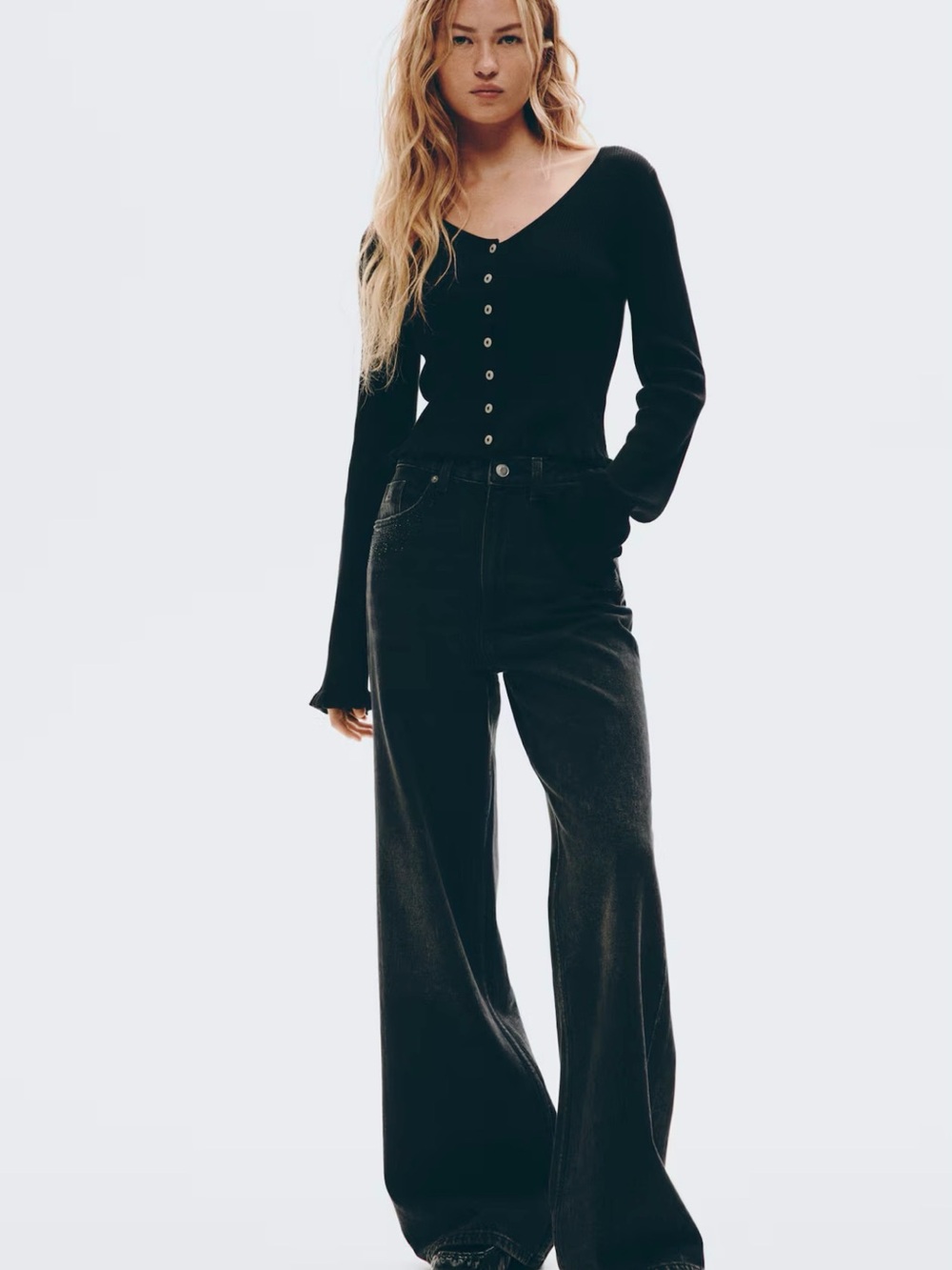 H&M BLACK RUFFLE-TRIMMED CARDIGAN